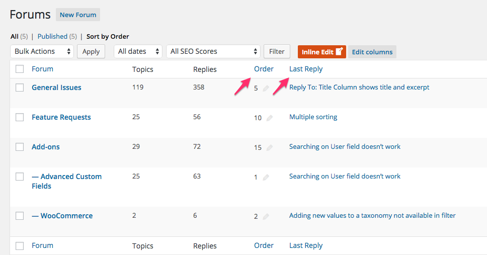 The new release of Admin Columns now supports bbPress columns! You can remove or add columns on the bbPress Forum, Topic and Reply listing pages. There are many additional columns you can add! In the screenshot below we added an "Order" and "Last Reply" column to the Forum overview, but there are many more you can use.