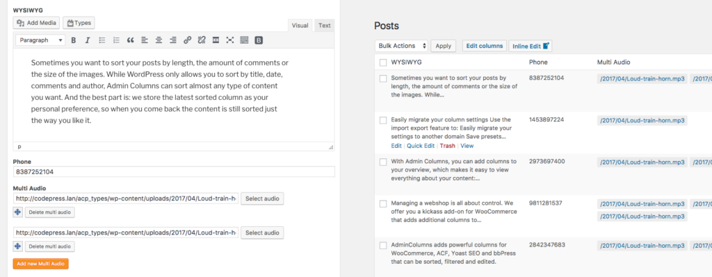 Types fields and columns