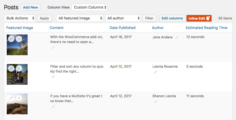 Wordpress Admin Columns overview page