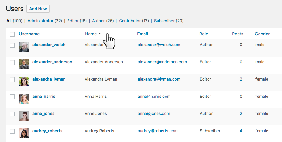 Users overview with custom sortable columns. Sort content and easily adjust it with bulk or inline edit.