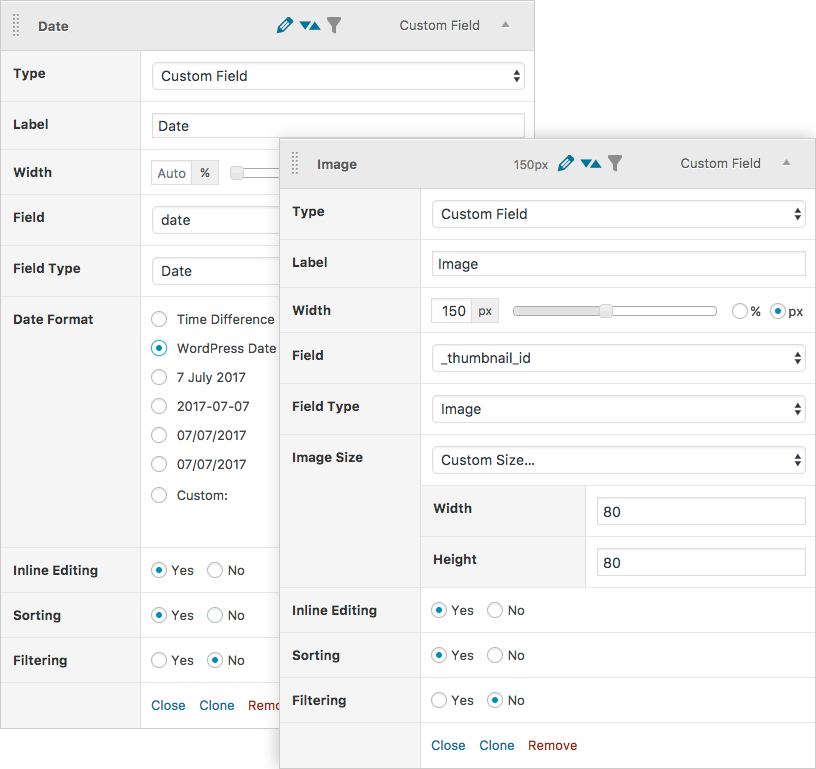 Custom Fields Column settings screen