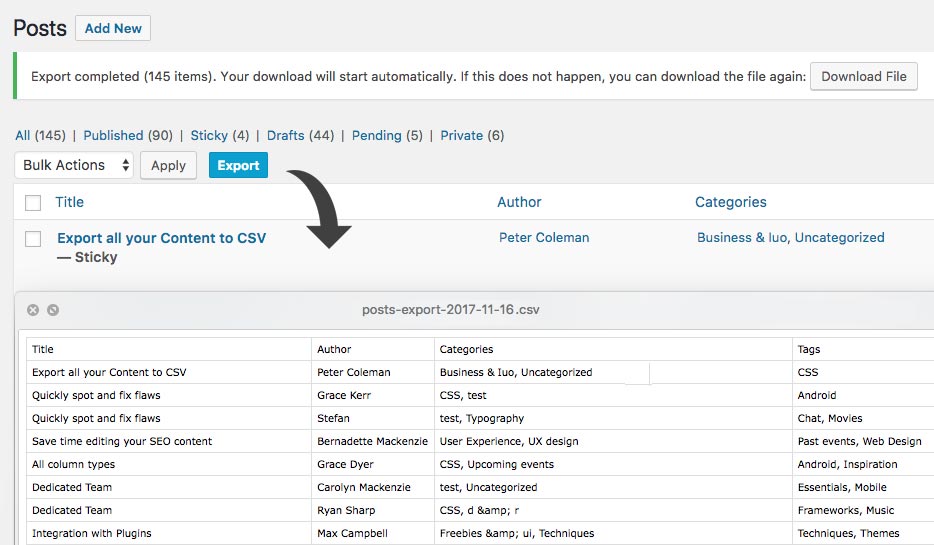 Export to CSV process