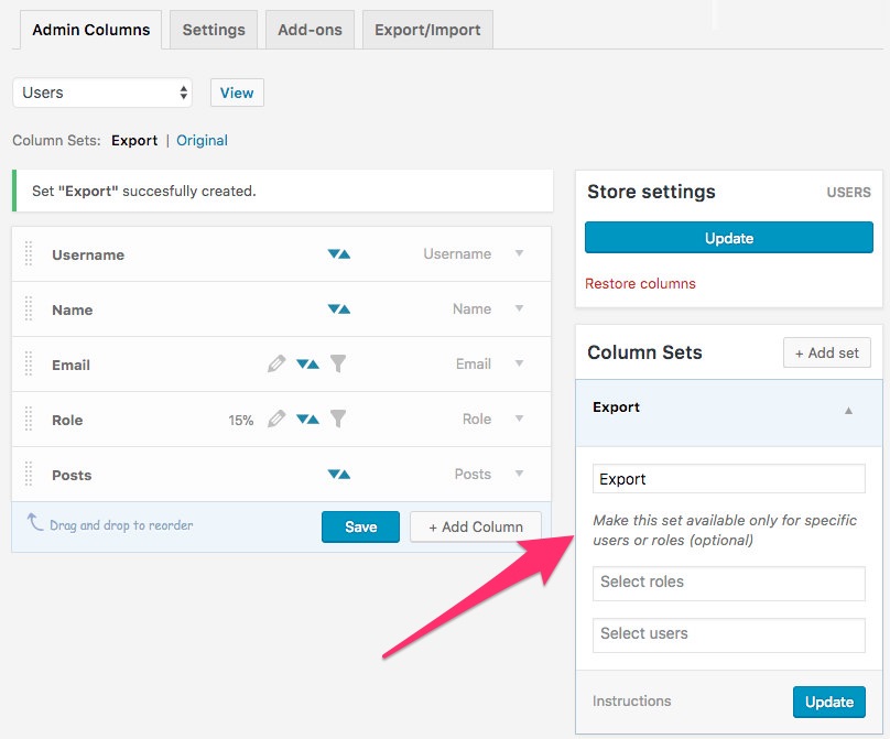 Create new Export column set to export WordPress Users to CSV