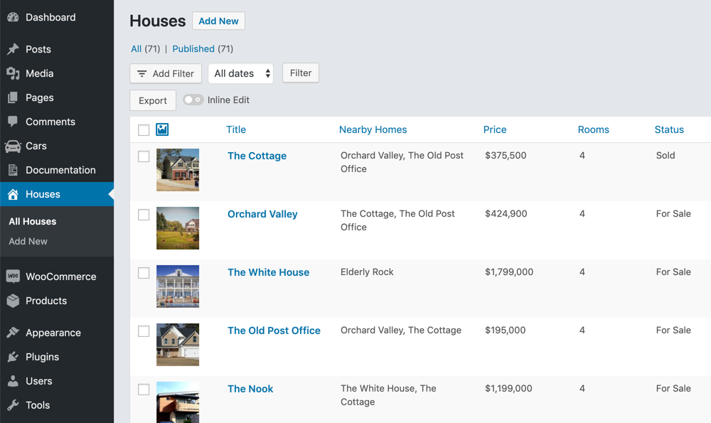 Customized Real Estate WordPress List Table managed by Admin Columns Pro