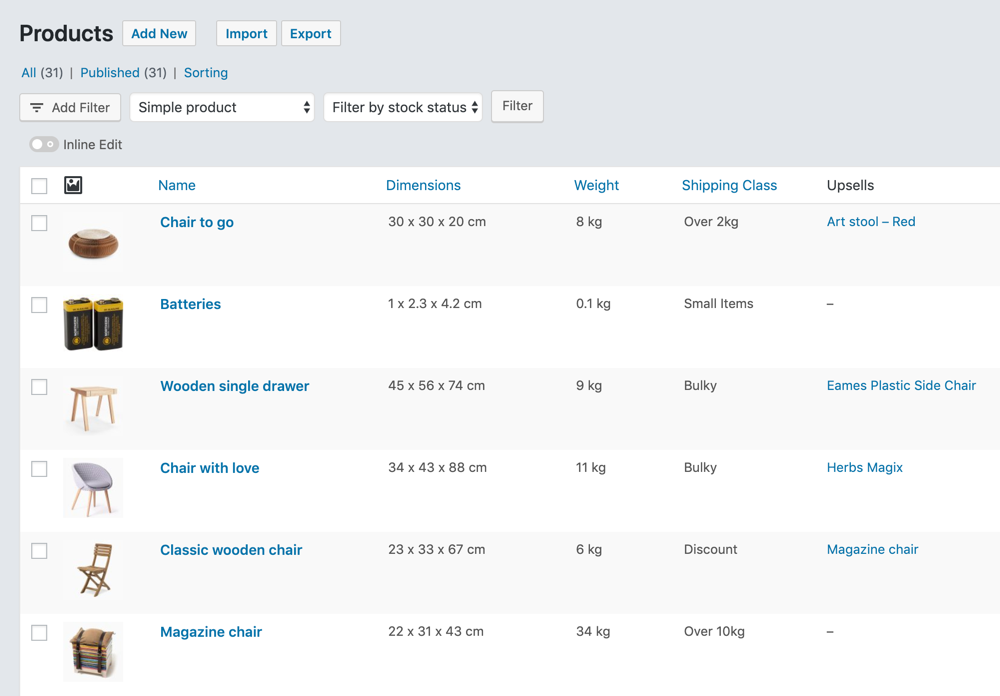 Products page with added columns for Dimensions, Weight, Shipping Class, and Upsells