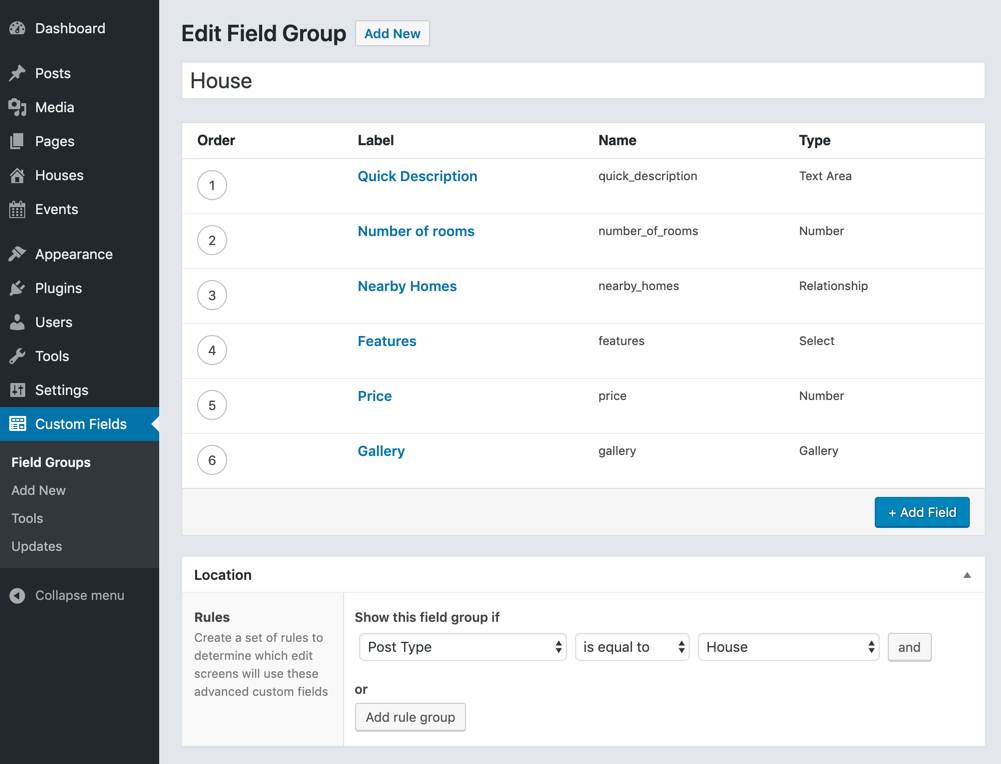 ACF Field settings example for a Real Estate website