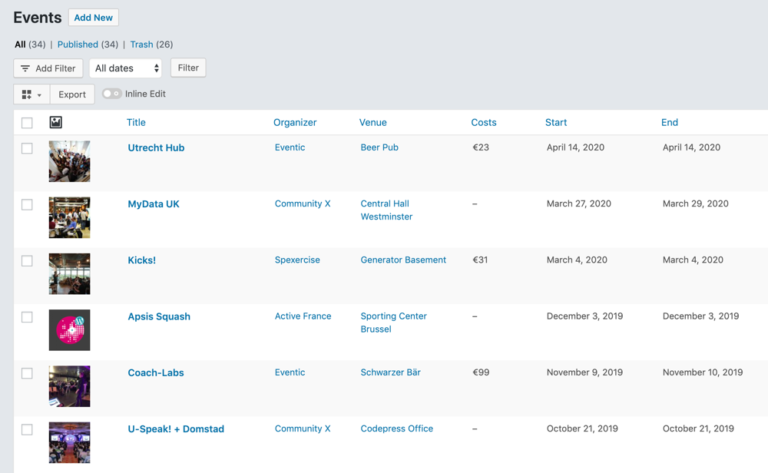 Example of a customized list table for events - Admin Columns Pro