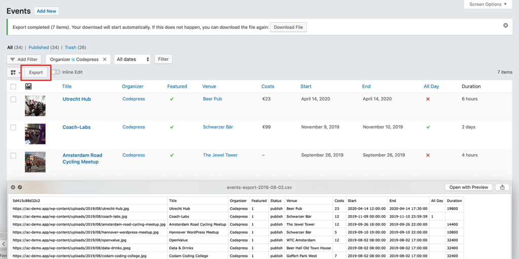Example of a customized list table for events - Admin Columns Pro