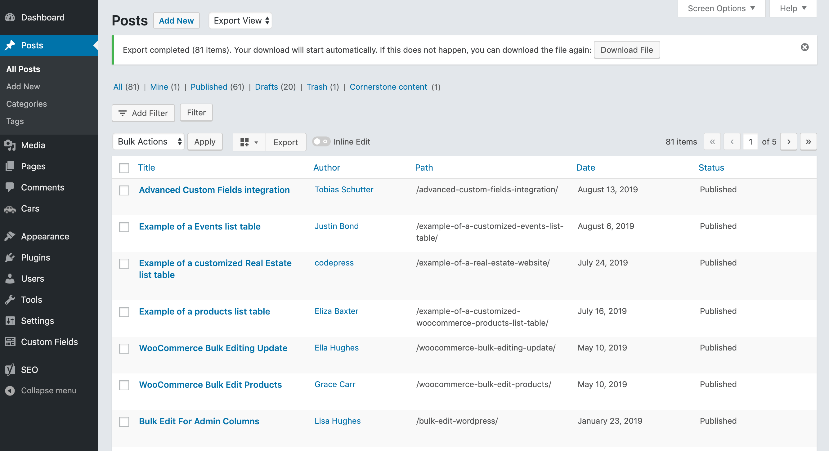 Create a table view with a different column set for export.