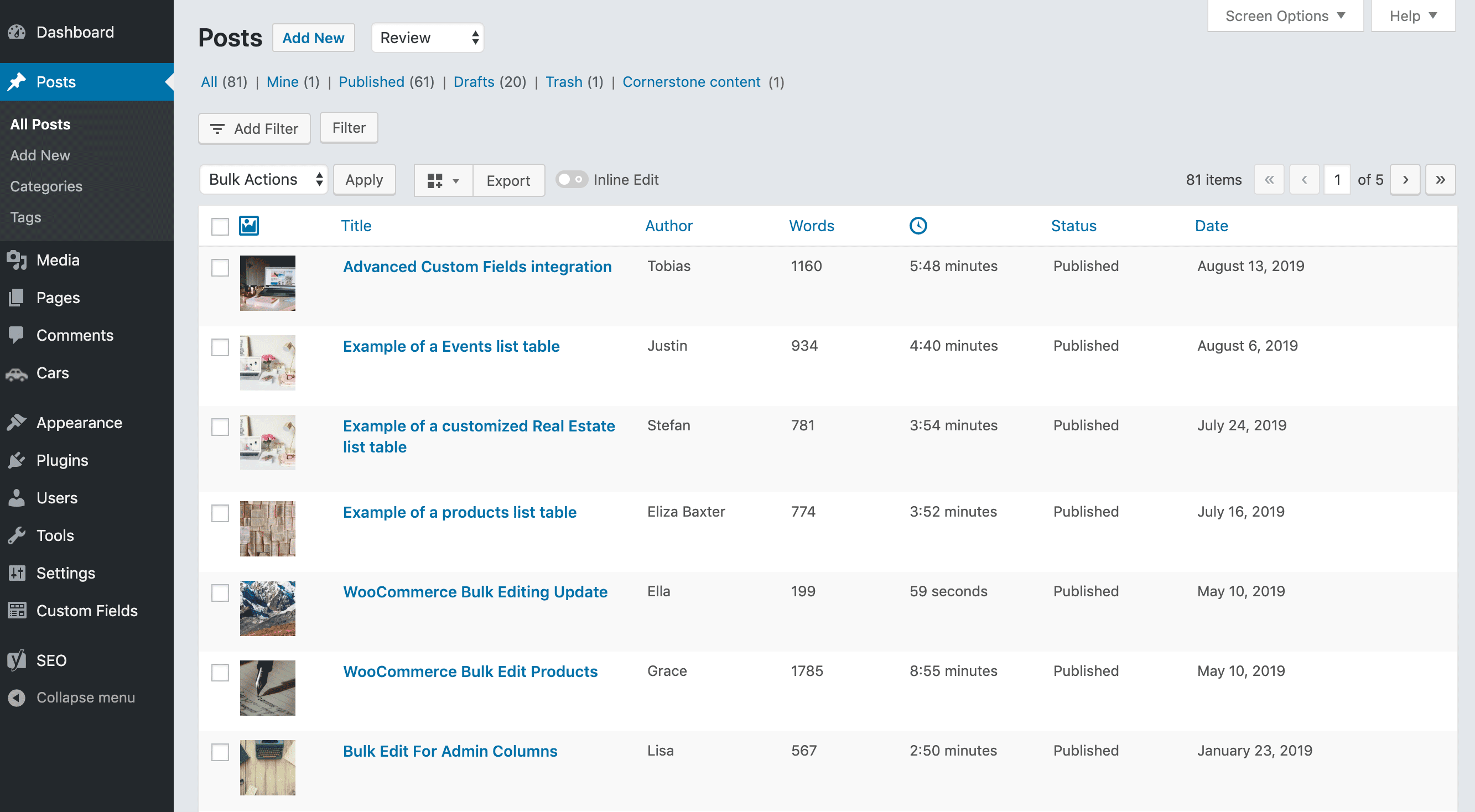 An example of column sets used for reviewing articles.