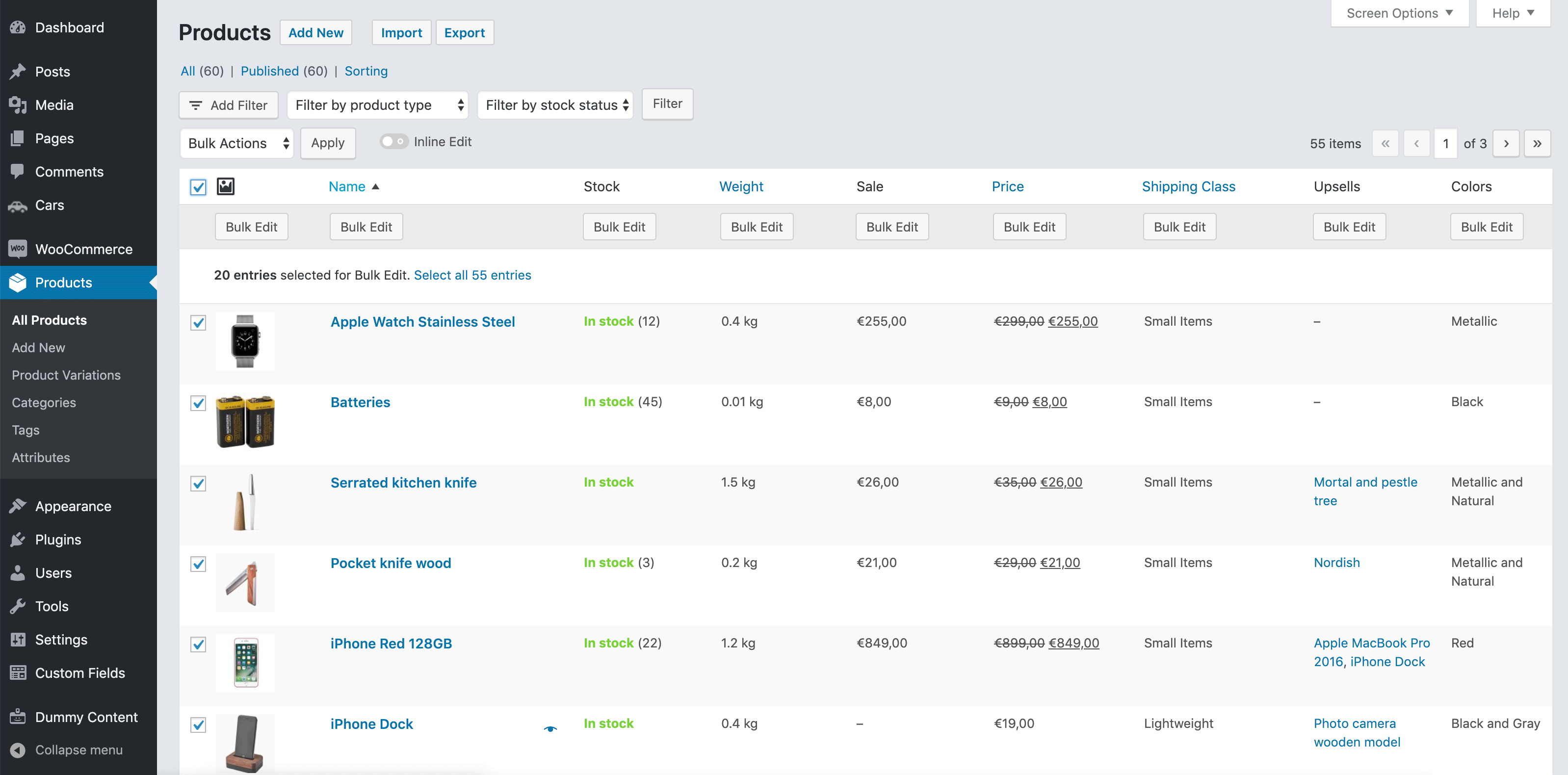 WooCommerce Products bulk editing on the WordPress list table