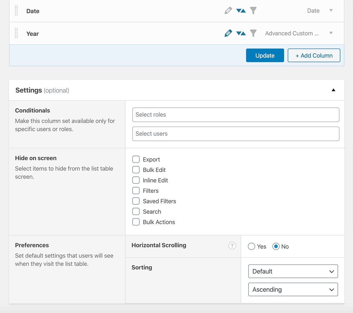 Settings to customize the WordPress list table