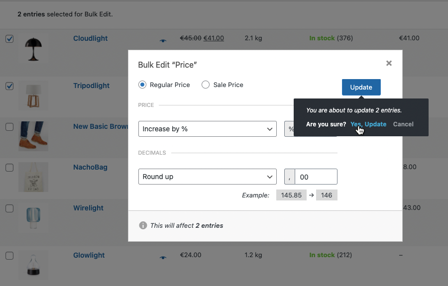 Screenshot agree to update prices