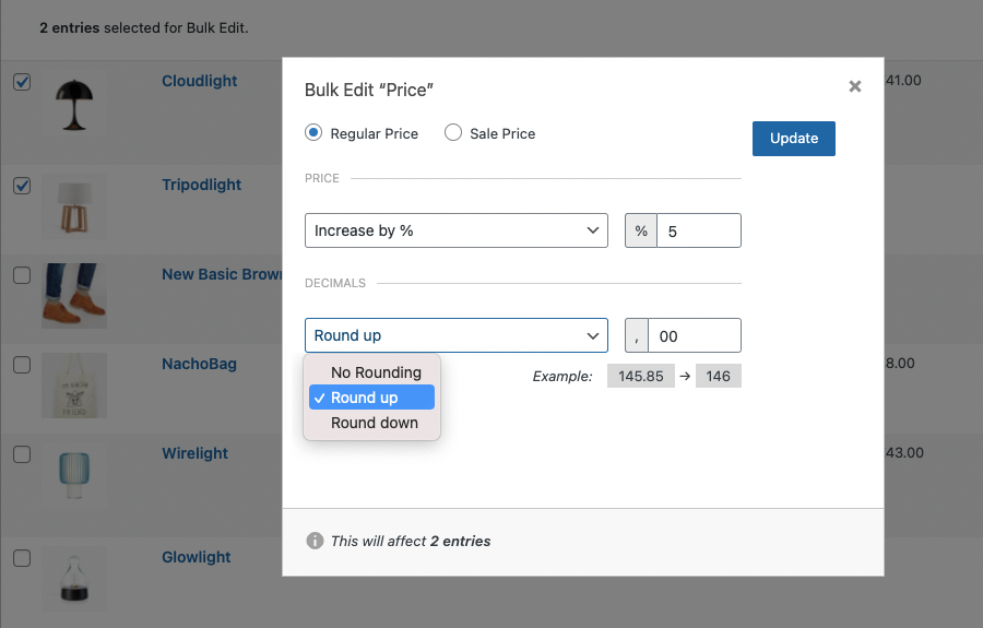 Screenshot displaying rounding options for a price update