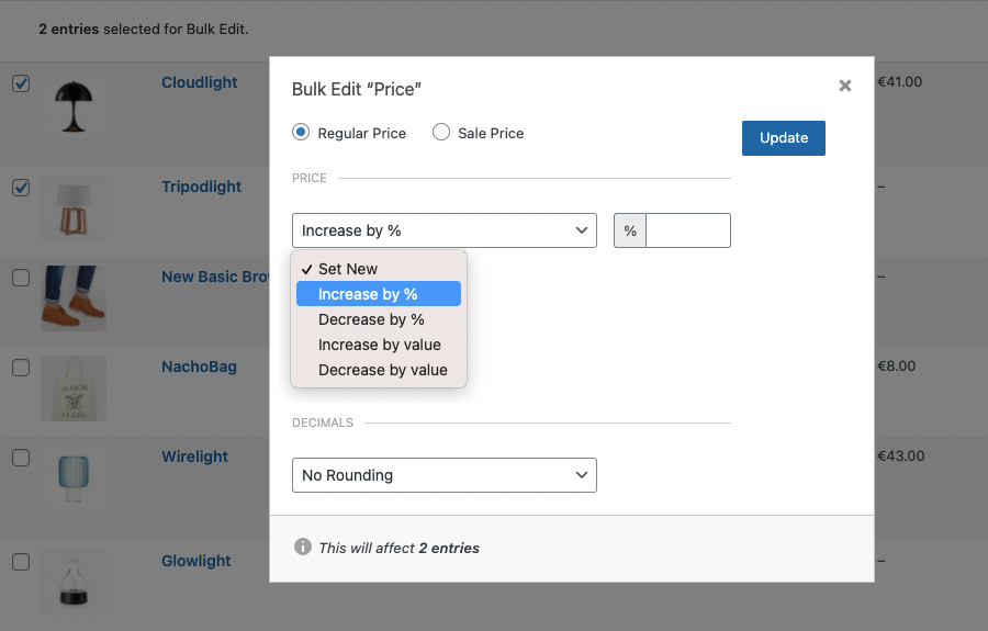 Screenshot of price rules for bulk updating a price