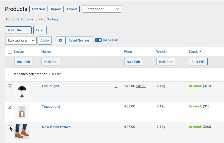 Table view to select woocommerce products