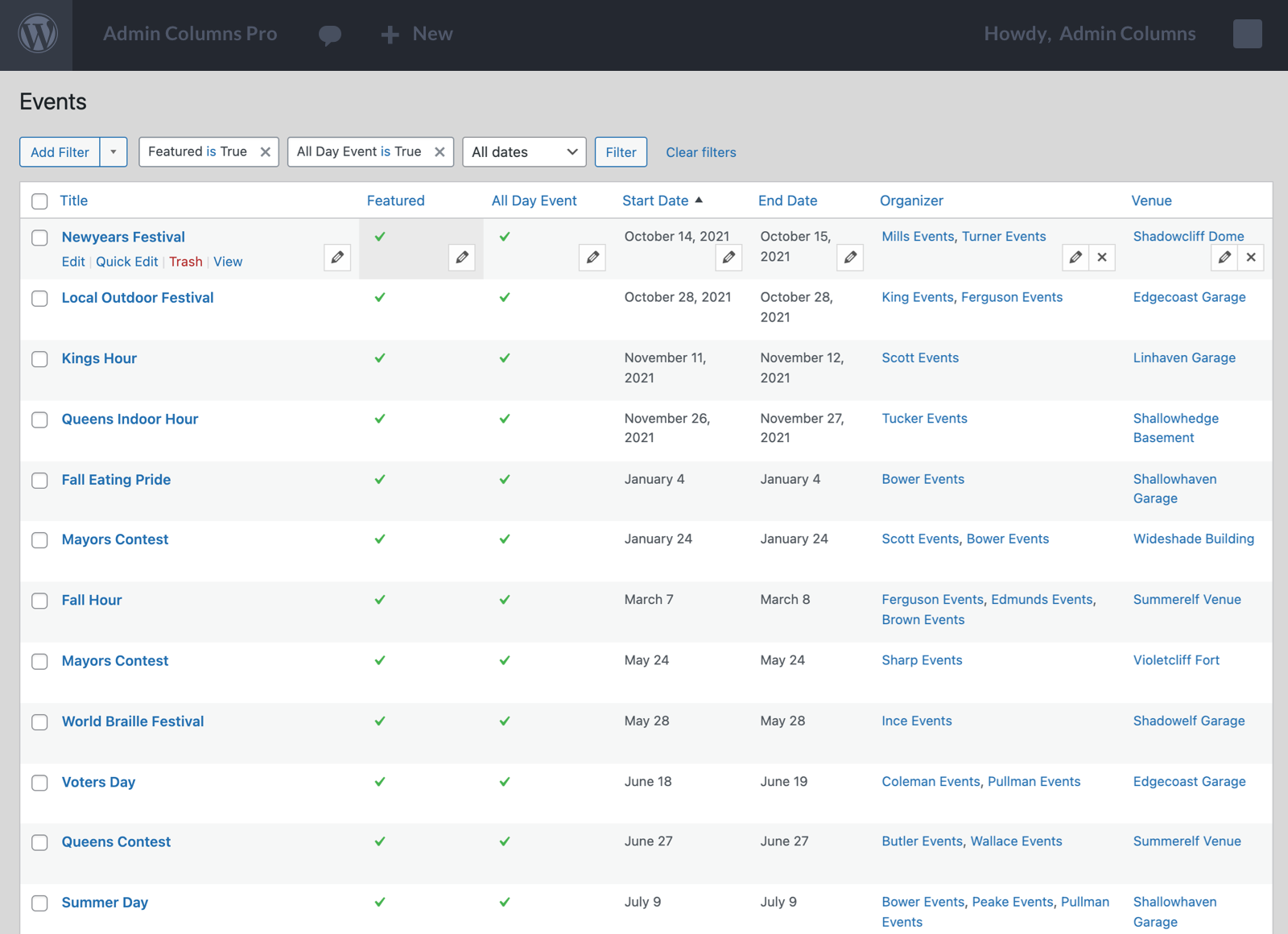 Manage Events with Admin Columns Pro