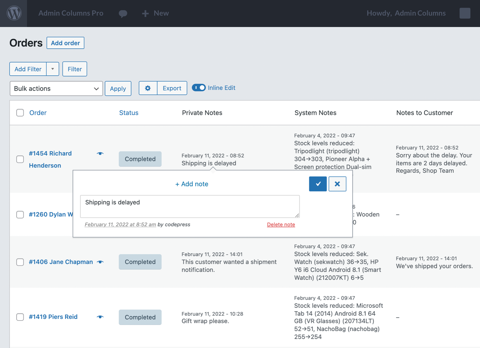 Screenshot of WooCommerce Private Order Notes