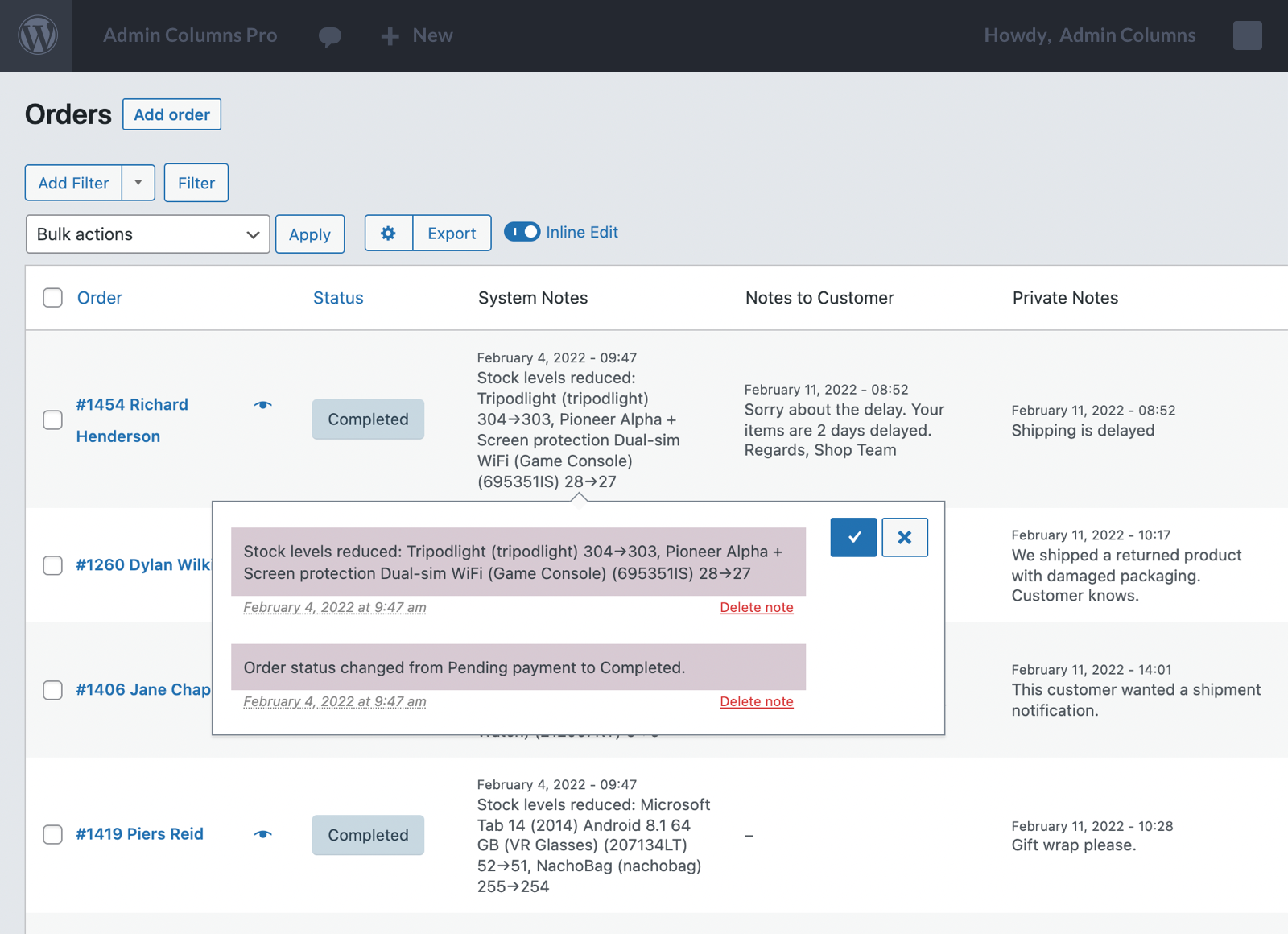 Screenshot of WooCommerce System Order Notes