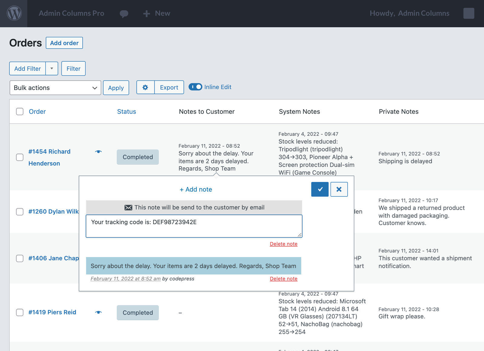 Screencapture of a customer note in WooCommerce