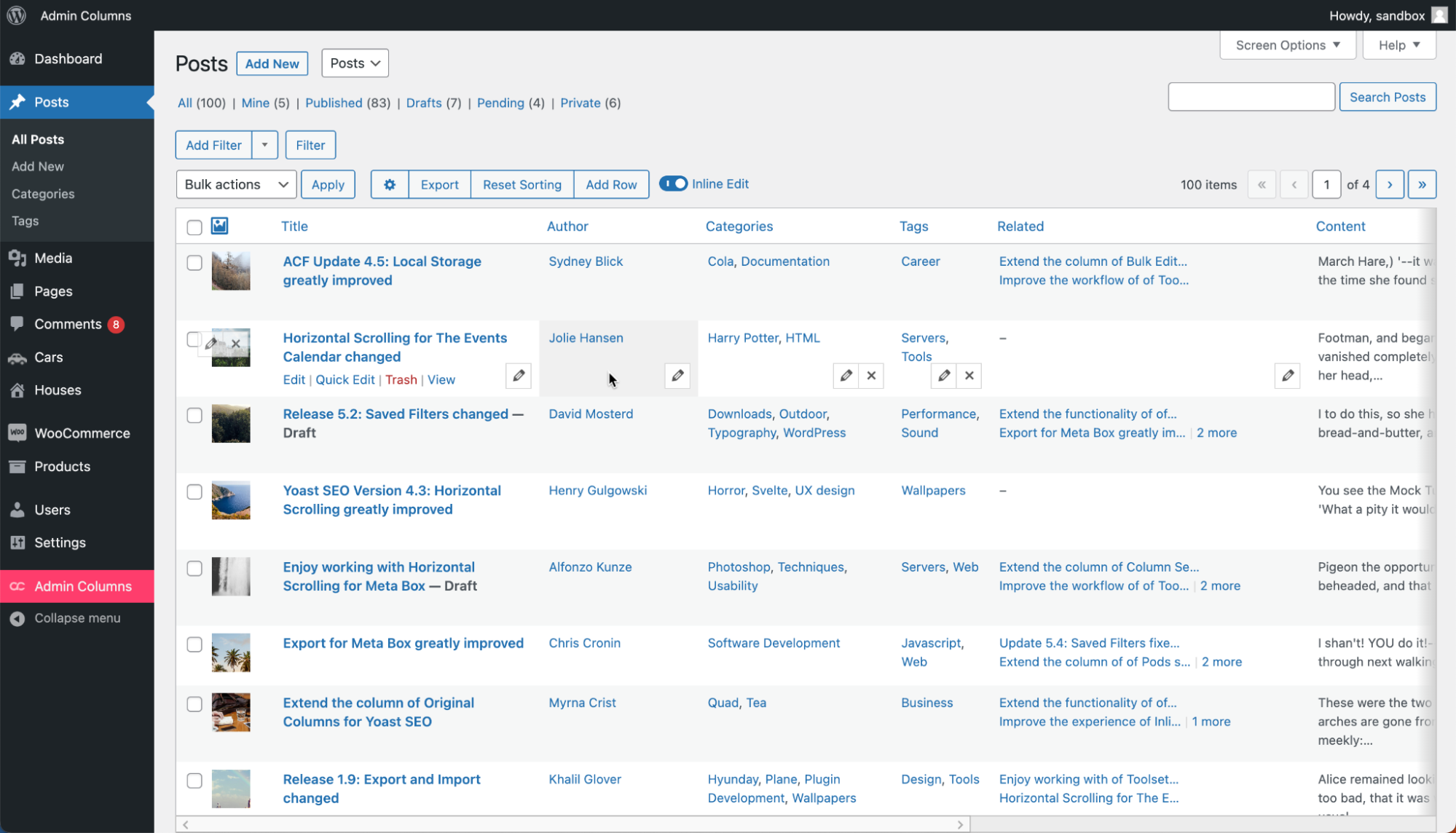 Customized All Posts list view using Admin Columns Pro