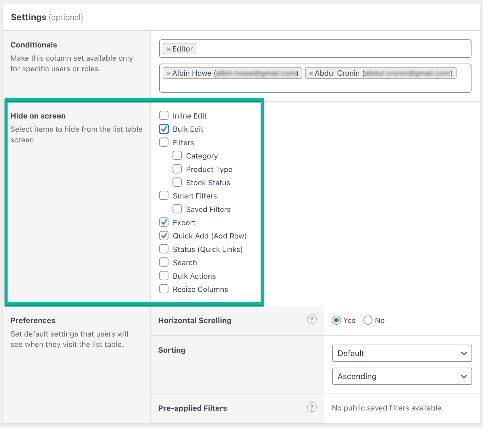 Hiding elements in Admin Columns Pro