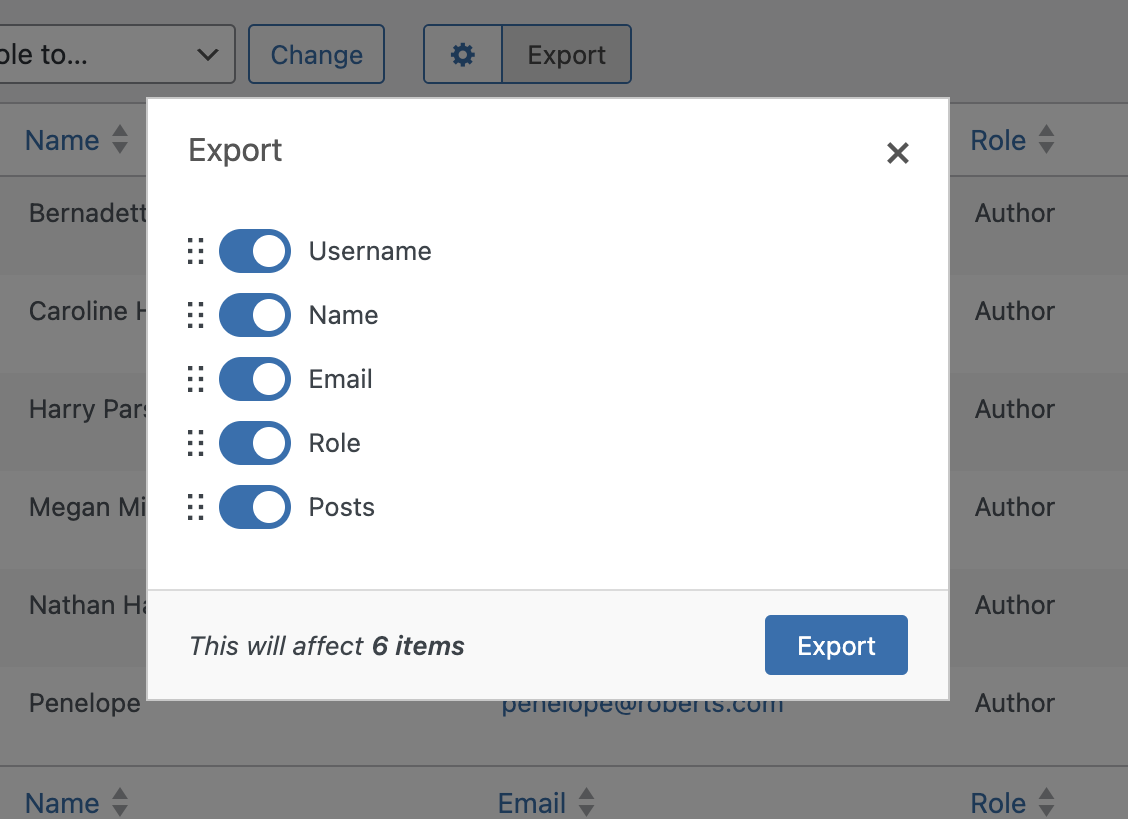 Choose data to be exported