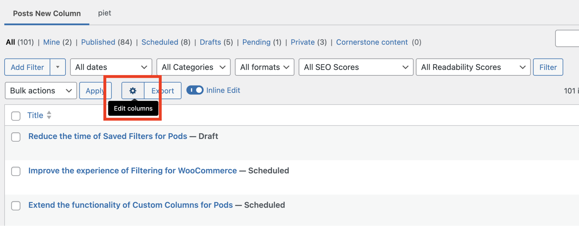 Create a new table view with Admin Columns.