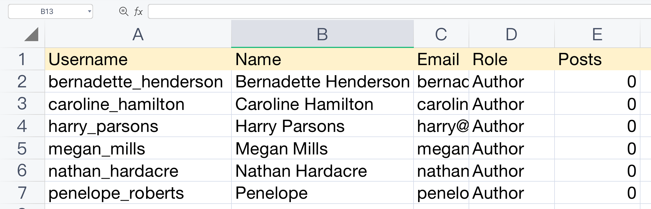 An example exported list of filtered users generated by Admin Columns.