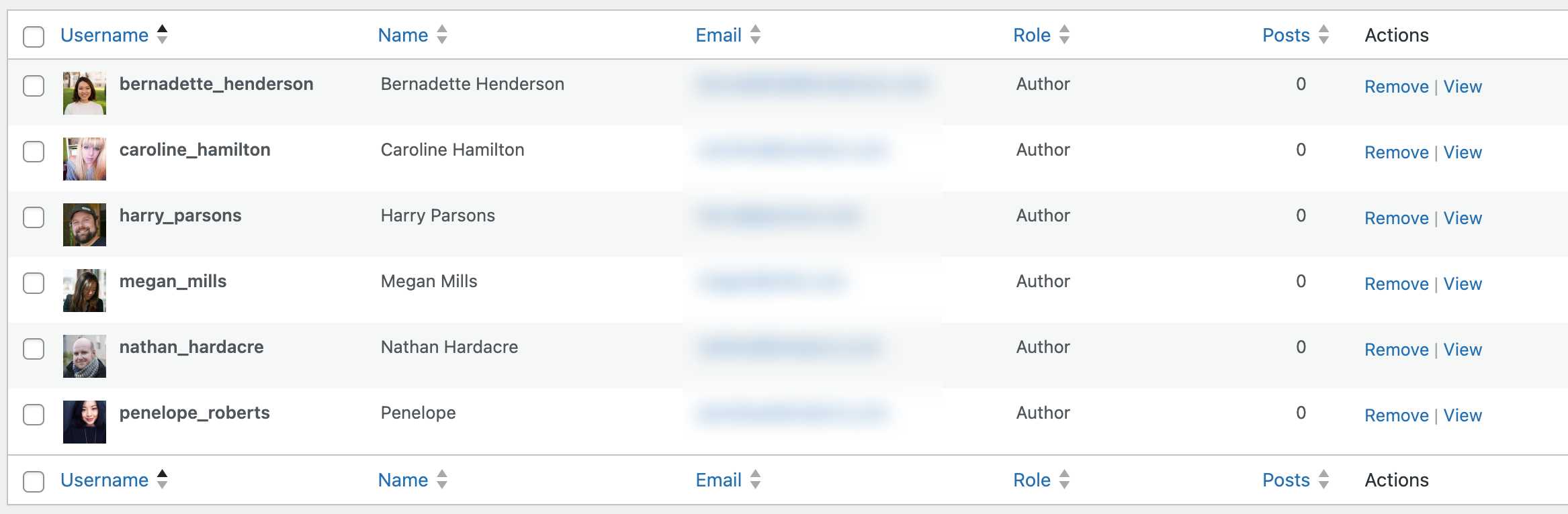 Filtered views of users based on the Author user role criteria