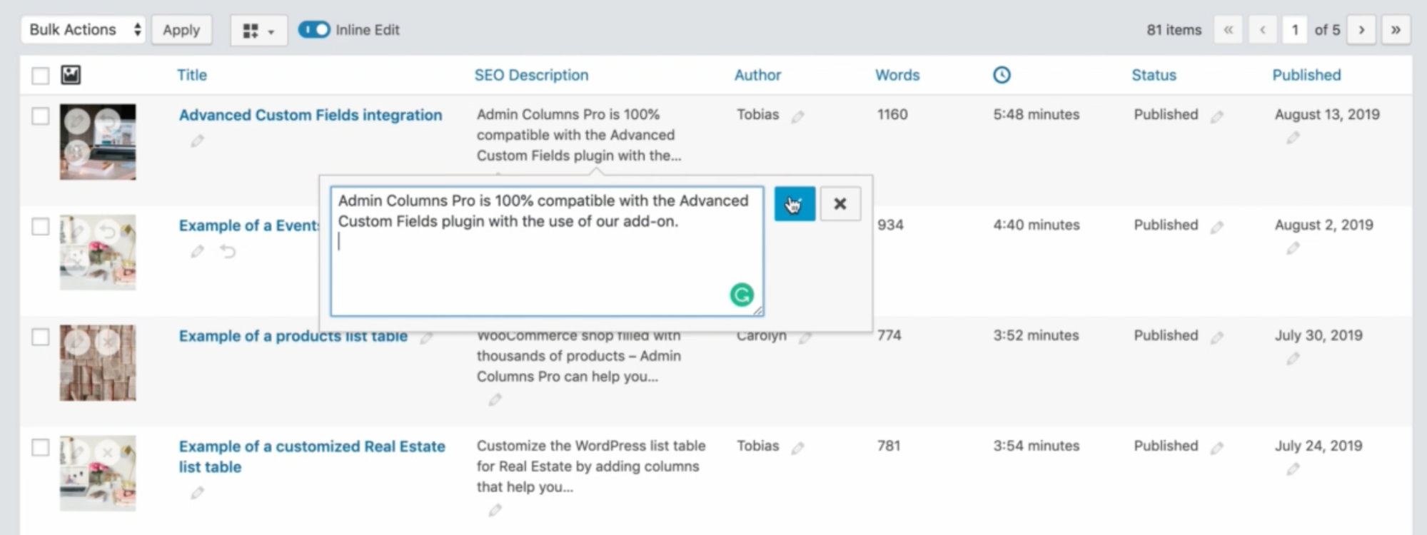 In-line edit view with updated SEO descriptions