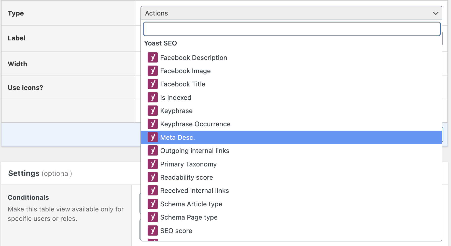 All Yoast SEO column options in Admin Columns.