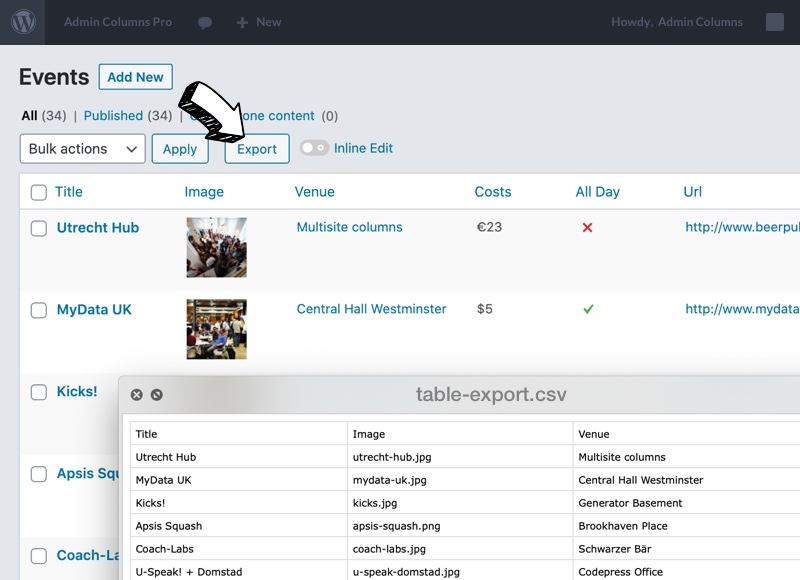 Export data to CSV with Admin Columns