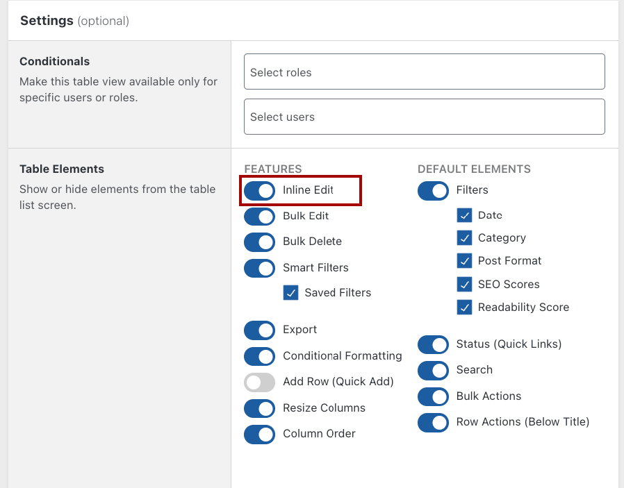 Enabling the Inline Edit feature in Admin Columns settings