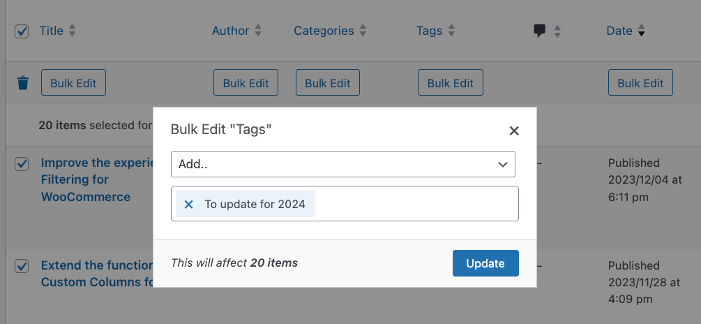 Example of bulk editing post tags