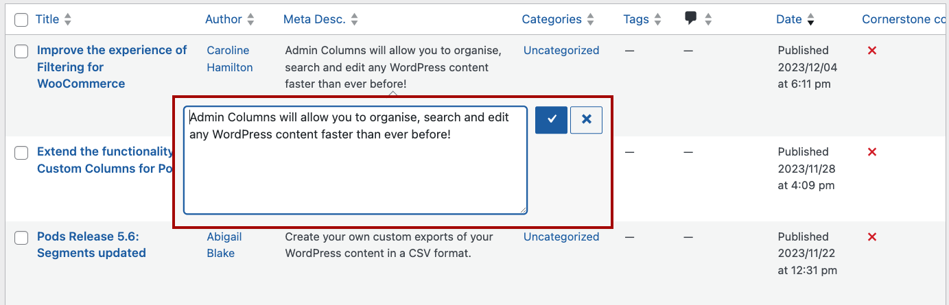 Changing a product name with inline edits