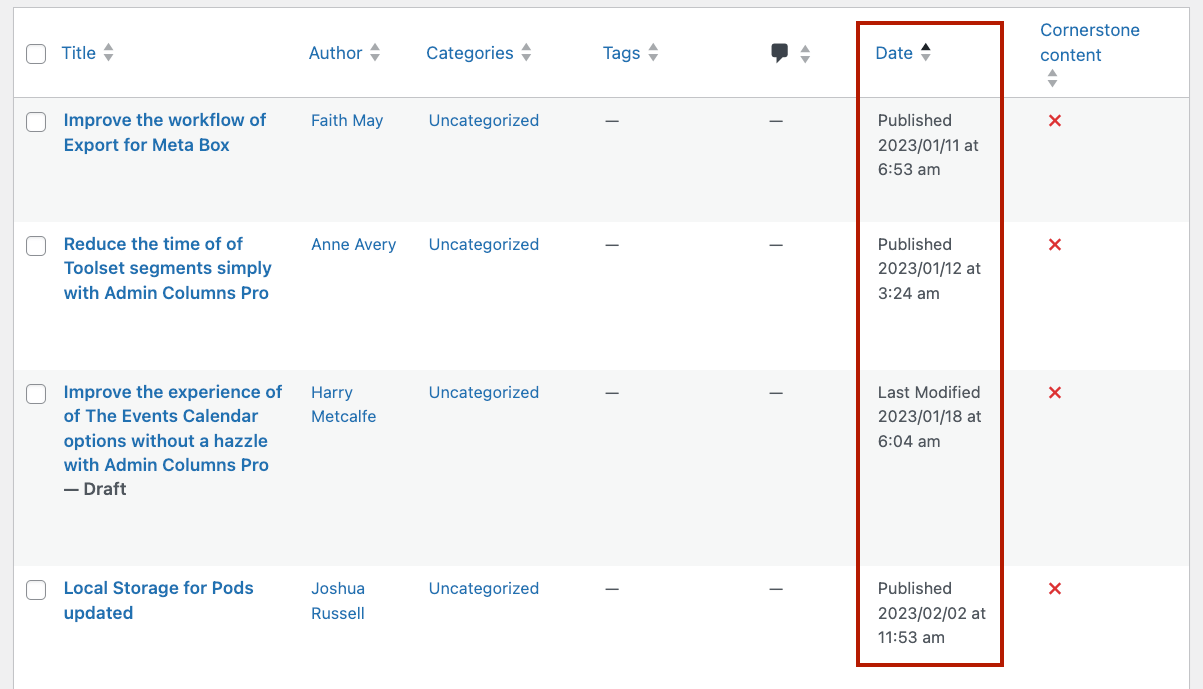 Example of filtered post results by publishing date