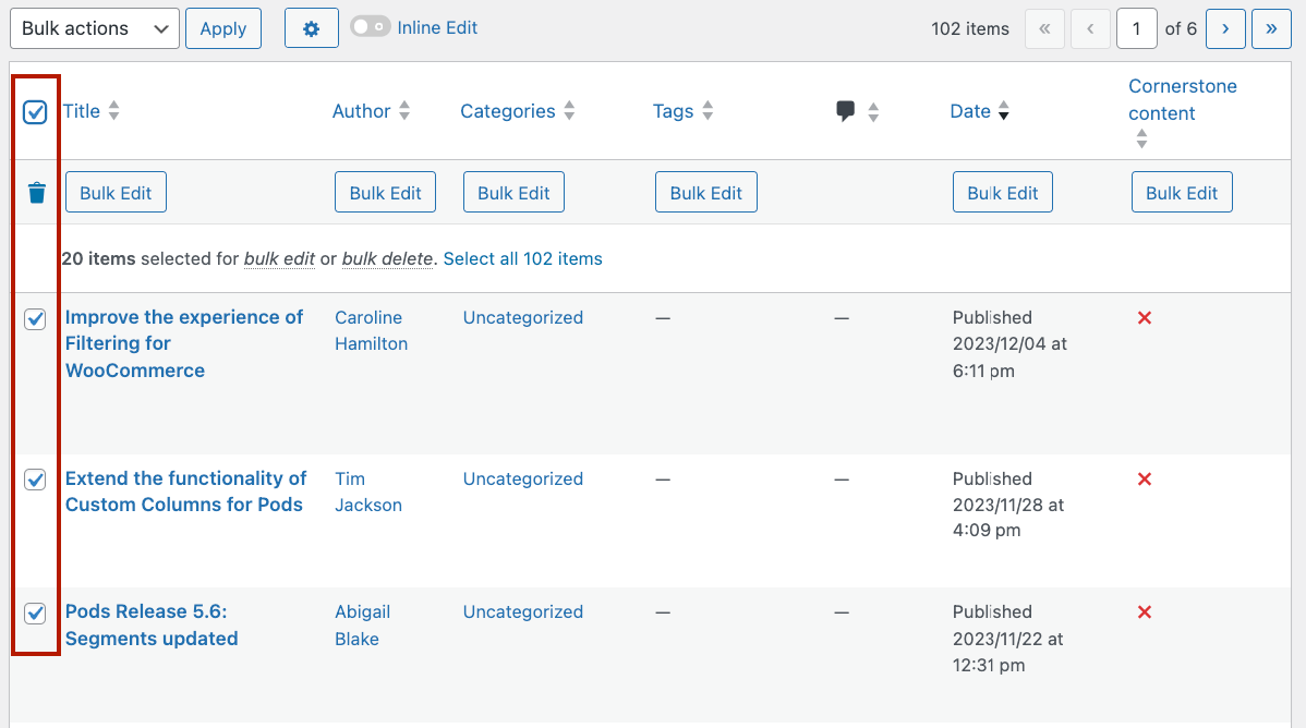 Selecting posts in WordPress for bulk edits