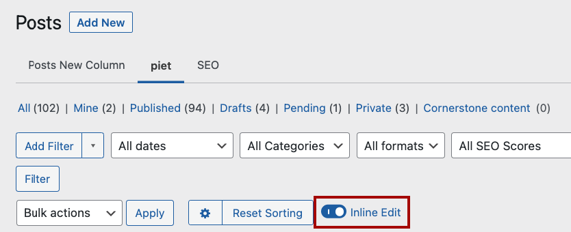 Inline Edit toggle in the Posts dashboard