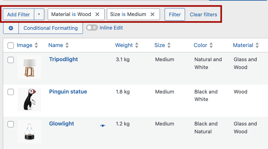 Adding a filter to show only medium-sized products made of wood