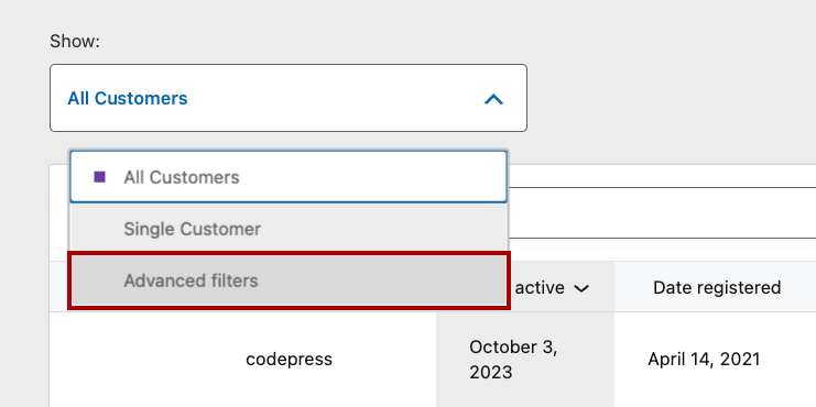 Opening the advanced filters settings