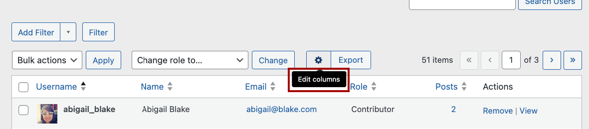 Column settings button in the user list view