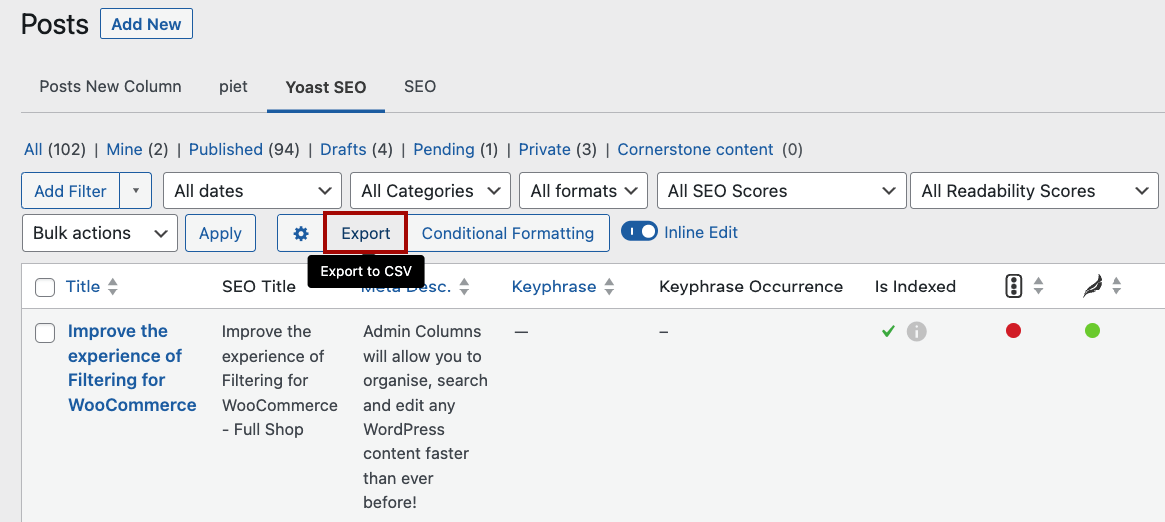 Exporting Yoast SEO data from the Posts list table