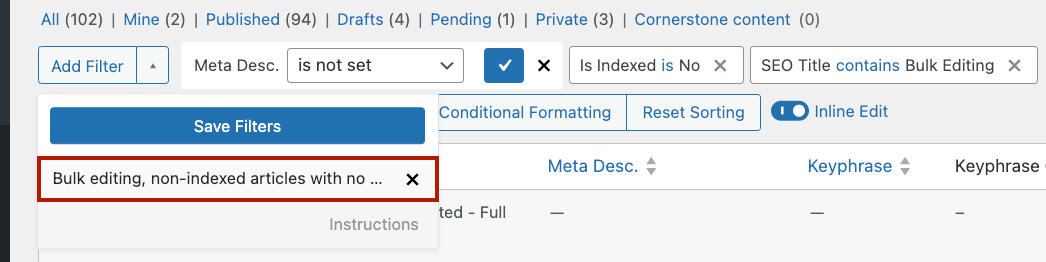 Selecting a saved filter set