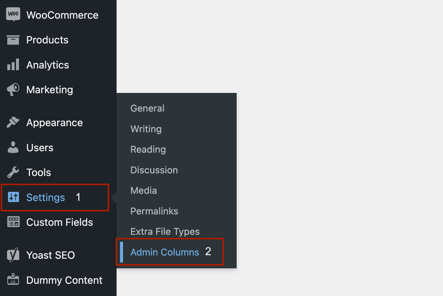 Navigating to Admin Columns settings tab