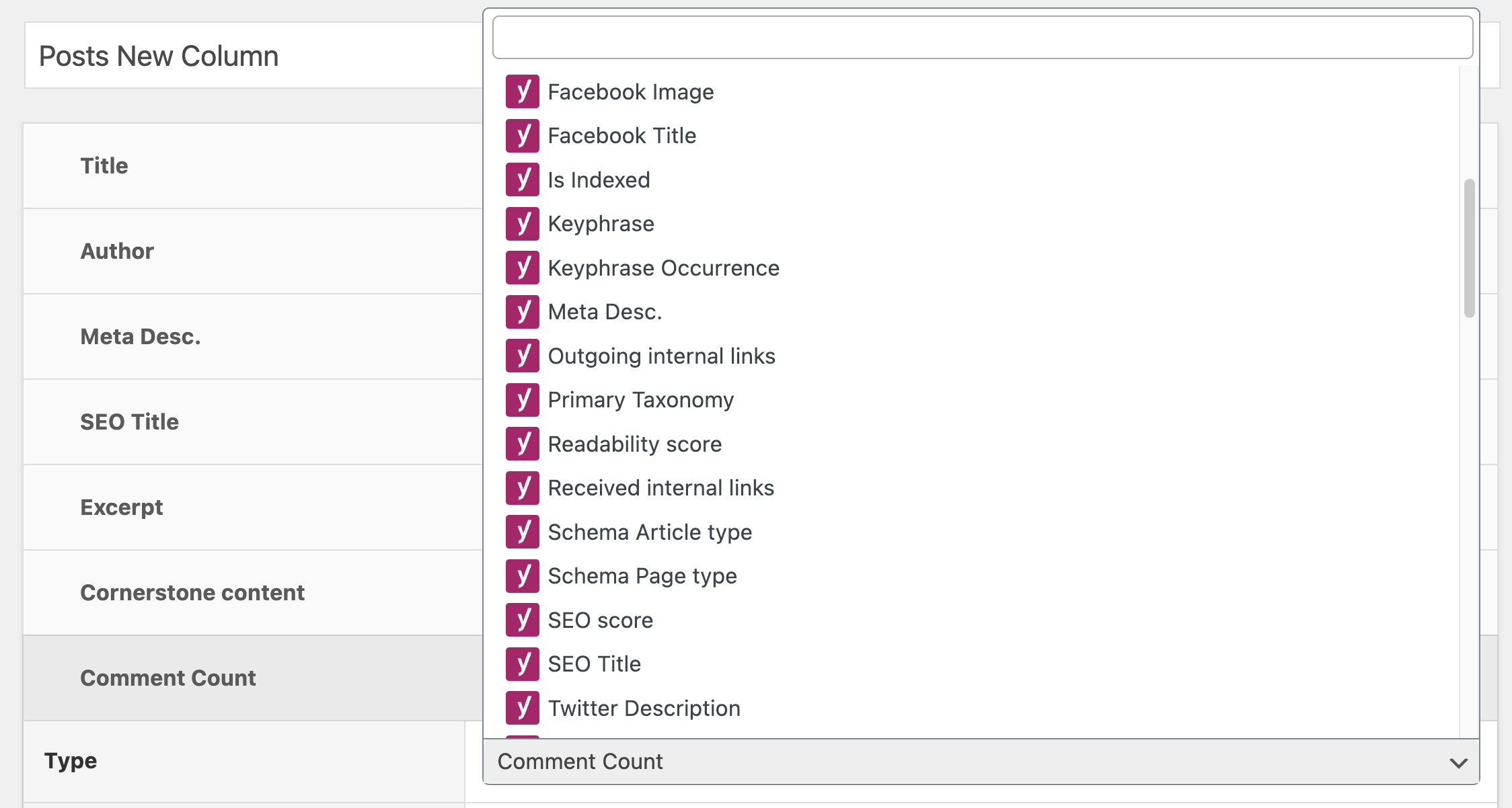 Yoast SEO column types in Admin Columns