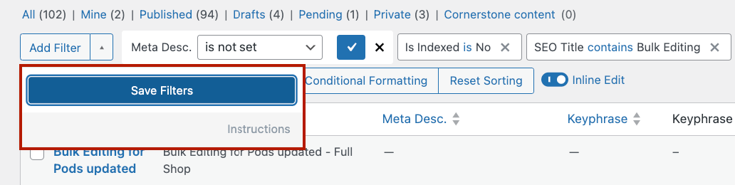 Saving a filter set