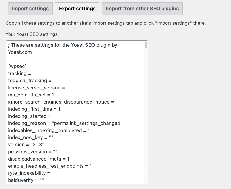 Text window with the Yoast SEO settings