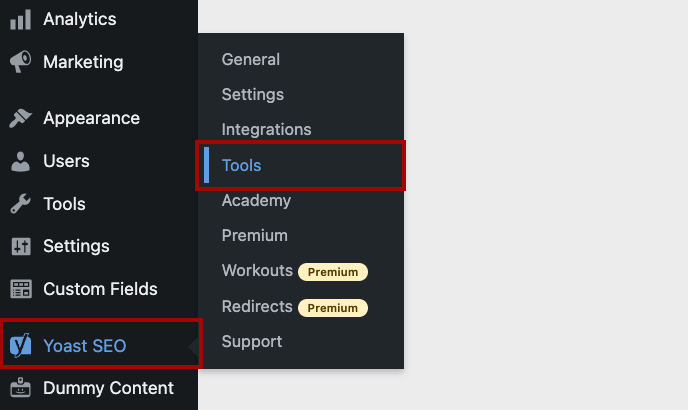 Navigating to the Yoast SEO tools tab