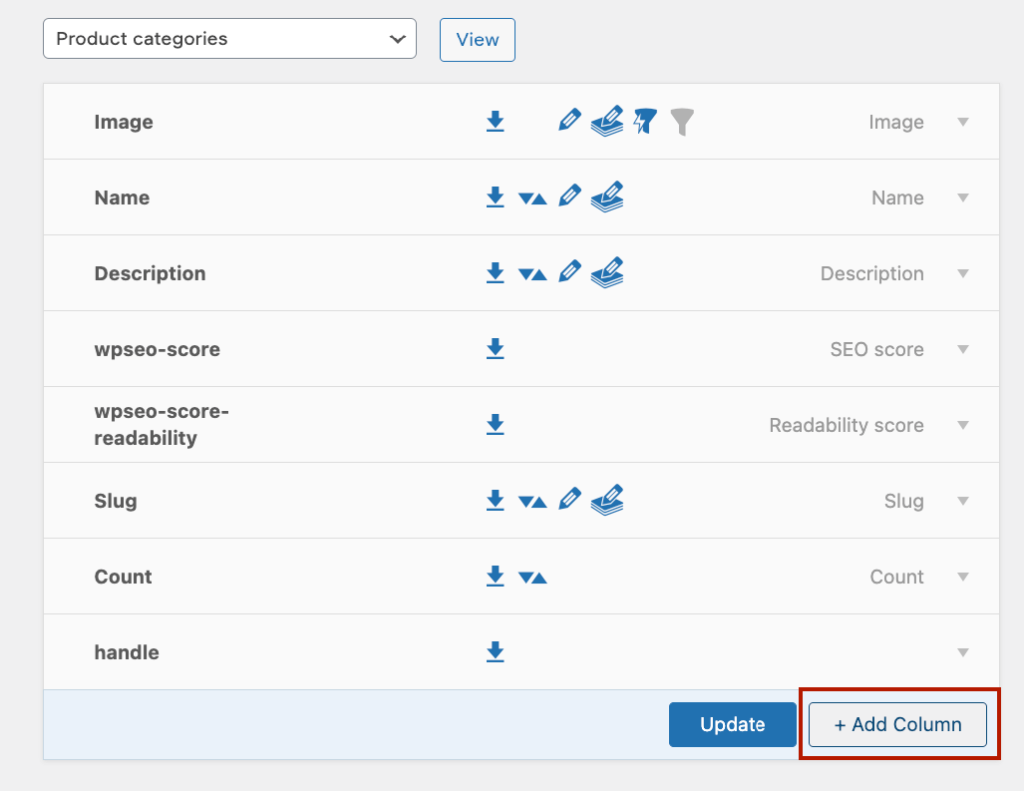 Adding columns to the "Product categories" list table